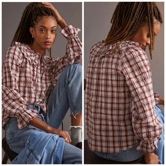 Anthropologie Maeve Ruffled Plaid Buttondown Red Mottif NWT M - Picture 12 of 12